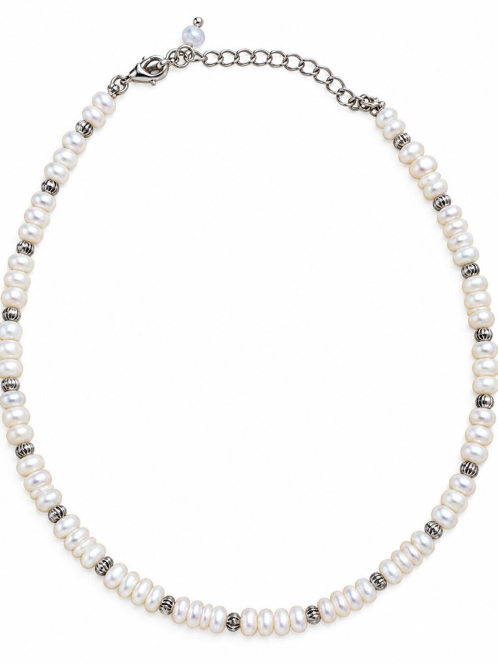 Freshwater Pearl Choker Necklace with Ribbed Silver-Tone Beads – 15"